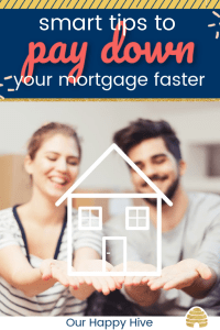 woman and man in the background holding an image of a house with text smart tips to pay down your mortgage faster