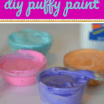 close up of 4 colors of puffy paint with text super simple diy puffy paint