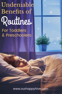 Adorable child sleeping in her bed. With text Undeniable Benefits of Routines for Preschoolers & Toddlers