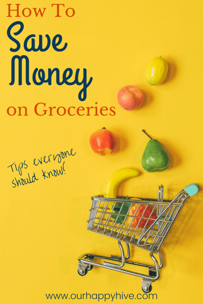 Grocery cart with large fruit floating up from it with text How to save money on groceries