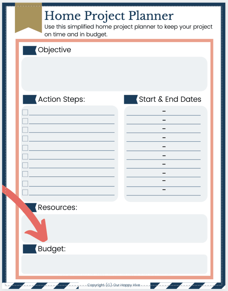 Example Home Project Planner with an arrow to the Budget Section