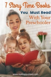 Mom with a toddler and preschooler on her lap while she reads them a book and text: 7 story time books you must read with your preschooler