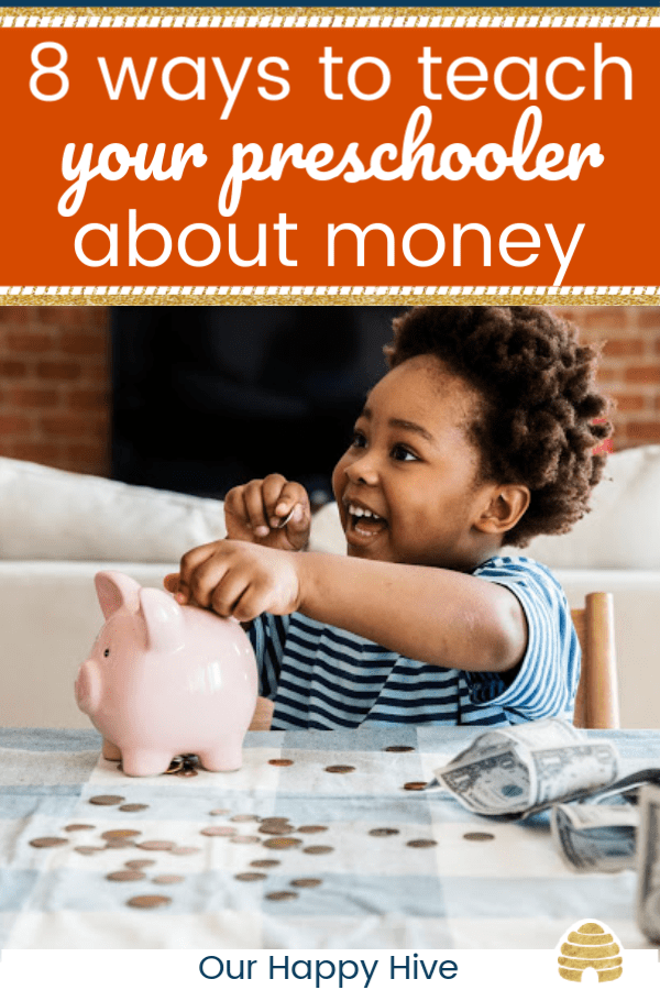 excited kid putting money in piggy bank with text 8 ways to teach your preschooler about money