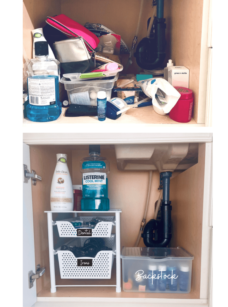 Before and after picture of an organized space under the kitchen sink. The organized version includes a shelf with two drawers and a bin to contain back stock items under the sink.