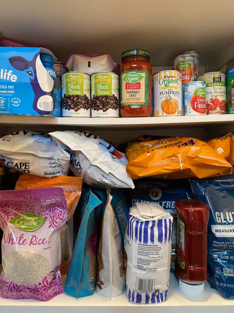 disorganized food on pantry shelves