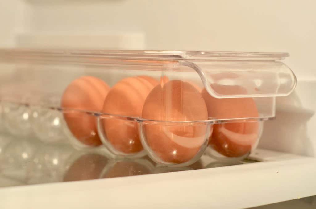 brown eggs in a plastic organizing containter for the refrigerator