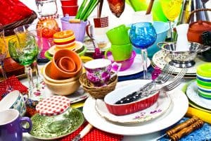 Clutter from household wares on a table