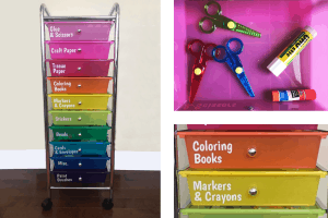 Vertical rainbow colored craft organizing cart with labels on each drawer, close up of a drawer with scissors and glue sticks, close up of drawers with labels