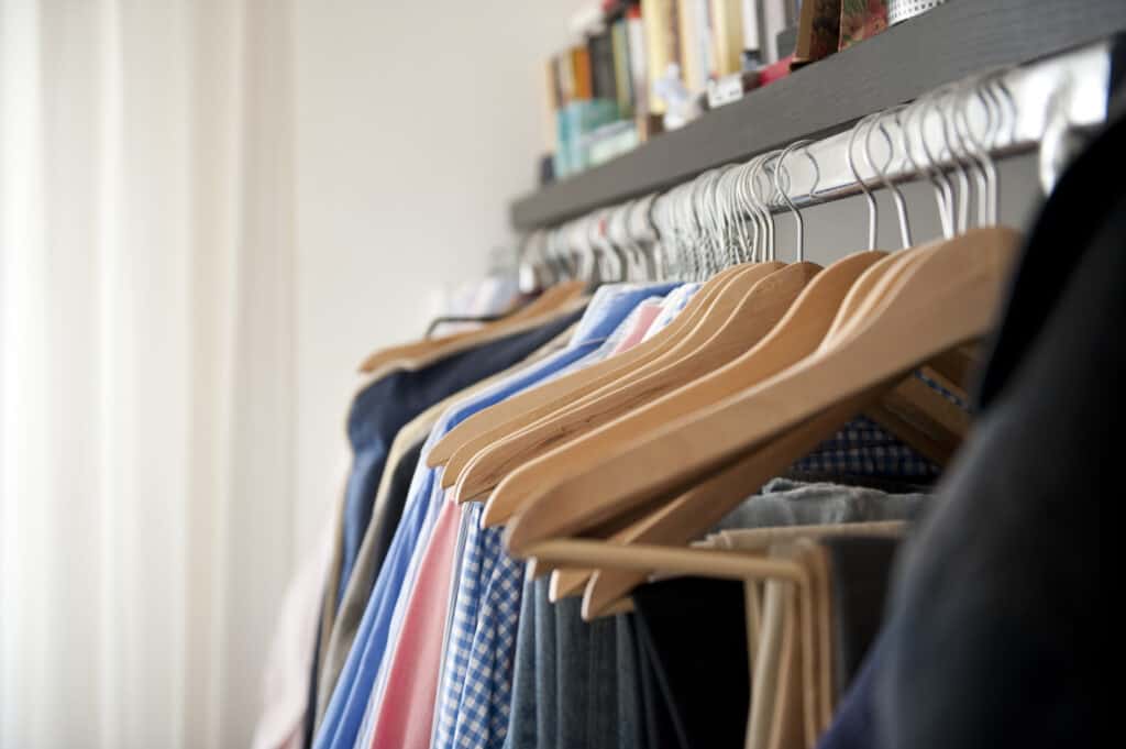 Closet with hanging clothes